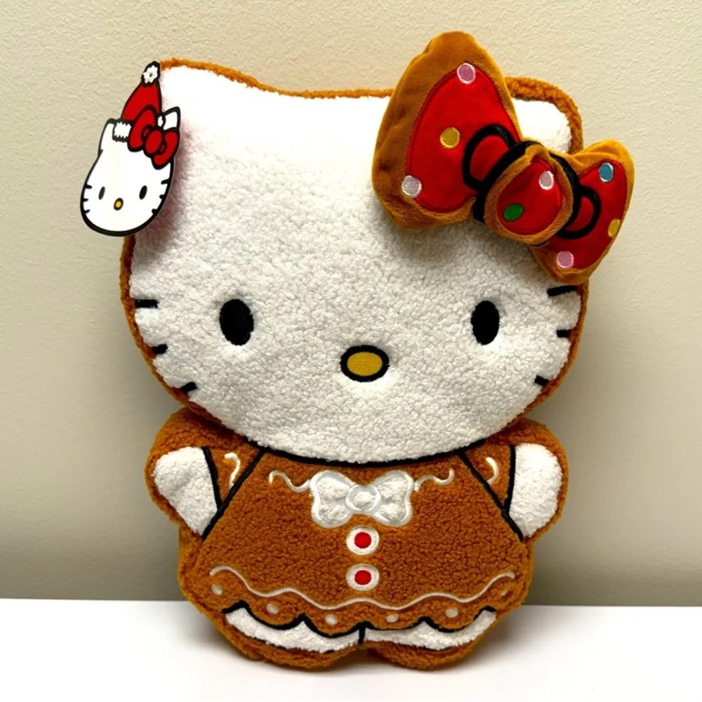 Hello Kitty Gingerbread Pillow, Holiday 2025 Festive Plush with Red Bow, New